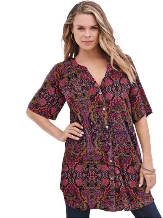 Roaman's Tops - Roamans Boho Floral Paisley Button Front Tunic Blouse Short Sleeve 14W Multi